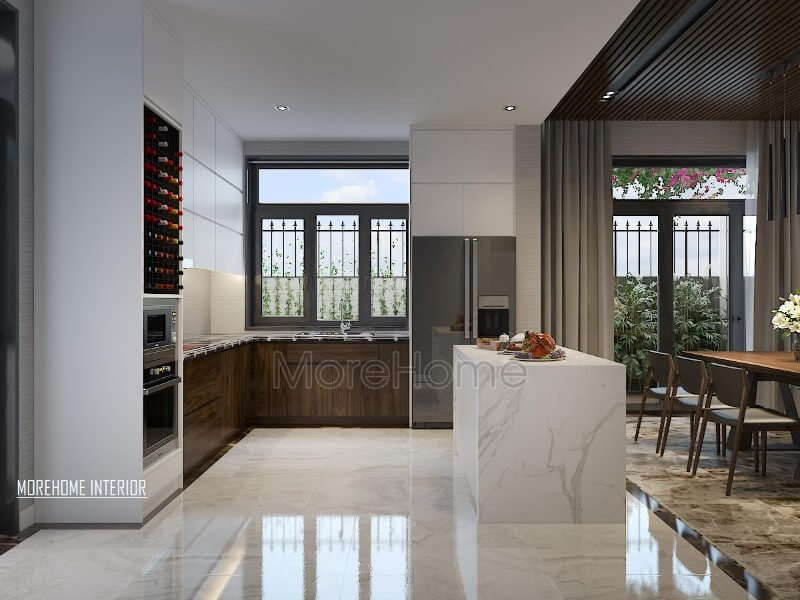 Thiết kế nội thất phòng bếp hiện đại, đẹp, thông thoáng nhưng độc lập phòng ăn bởi cách bố trí khéo léo từ bàn đảo bếp. Nội thất phòng bếp