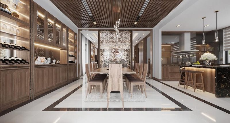 Mẫu thiết kế phòng bếp biệt thự đẹp với tông màu gỗ óc chó cuốn hút mọi ánh nhìn