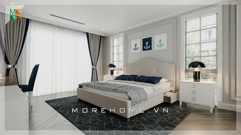 Ánh sáng là điều quan trọng trong thiết kế phòng ngủ của biệt thự, nhà phố nên kết hợp vách kính hiện đại ở những mảng tường lớn là ý tưởng độc đáo, và sáng tạo.