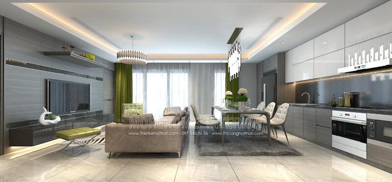 Thiết kế tủ bếp chung cư nhỏ liền kề với không gian sinh hoạt chung khác tạo sự thuận tiện cho gia chủ 